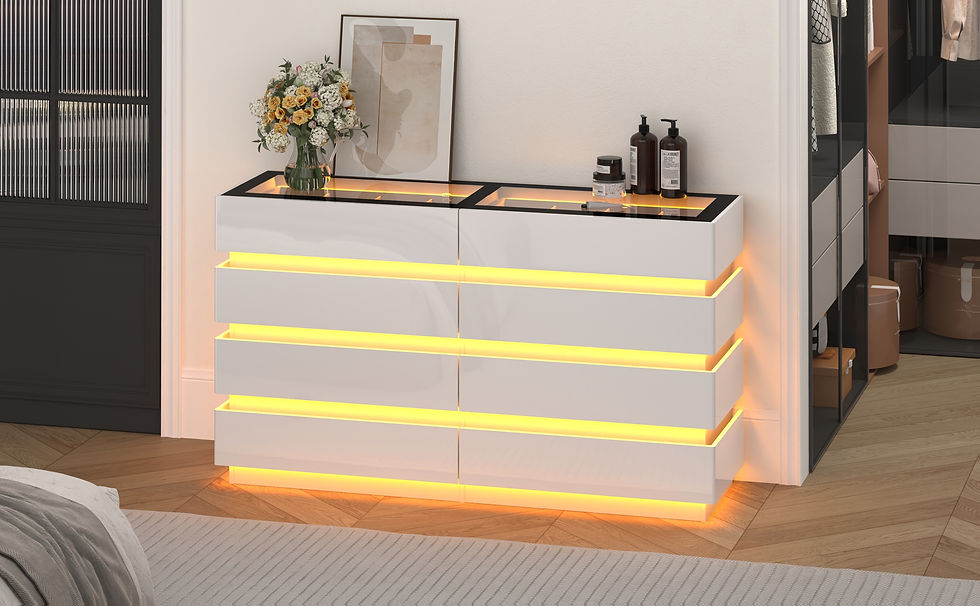 Thumbnail: Modern 8-Drawer Dresser with Glass Top, High Gloss White Chest of Drawers, RGB L