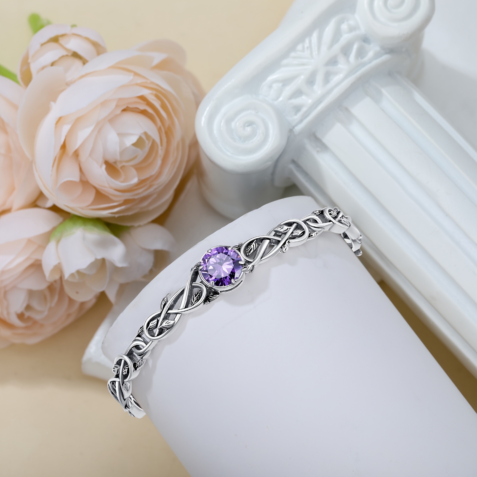 Natural Amethyst Cuff Bracelet Silvery Dainty Adjustable Round Amethyst Wrap Vin