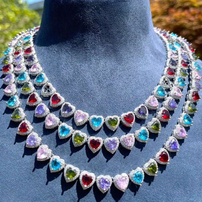 Men's Hip-Hop Style Pink &amp; Multicolor Heart-Shaped Cubic Synthetic Zirconia Neck