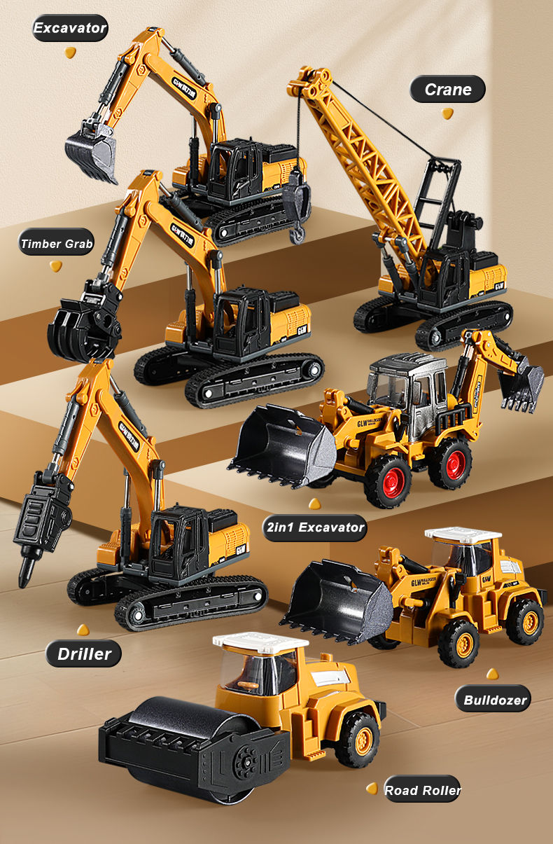 Thumbnail: 1:70 9 Styles Mini Yellow Alloy Forklift Driller Road Roller Engineering Diecast