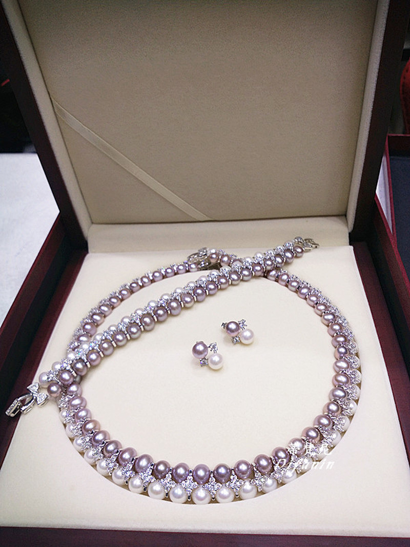 Double Strands South Sea White Pink Lavender Necklace Bracelets Sets  Jewelry Se