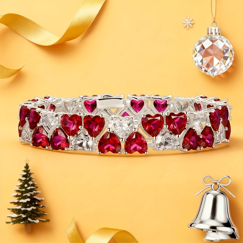 S925 Silver 7 * 7 Red and White Double Heart Full Moissanite Bracelet Colorful J