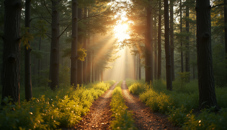 Eye-level view of a quiet path through a forest with sunlight filtering through the trees