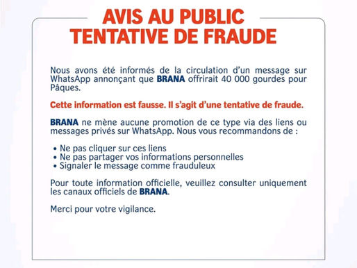 BRANA dénonce une fausse promotion de 40 000 gourdes diffusée sur WhatsApp