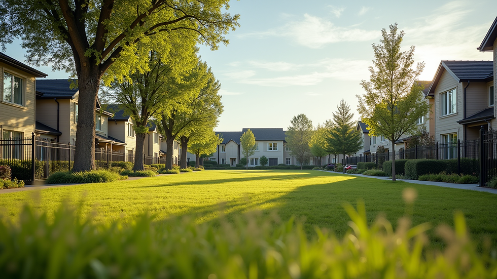 Eye-level view of a community park surrounded by residential homes