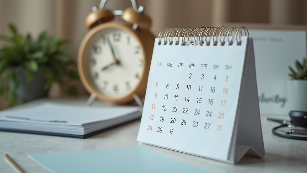 Eye-level view of a laptop with a digital calendar and a cup of tea.