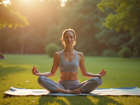High angle view of a woman practicing yoga outdoors in a calm natural setting