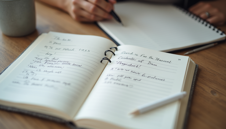 Close-up view of a planner and journal with a pen, symbolizing structured coaching plans