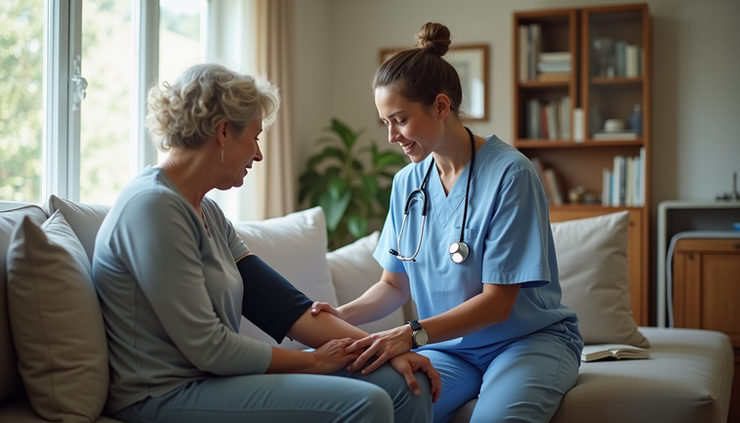 Eye-level view of a healthcare provider checking a patient’s blood pressure in a cozy living room