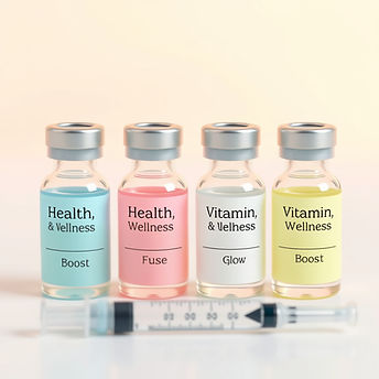 Photorealistic medical-style vials for vitamin injections. Four small glass vials with cle