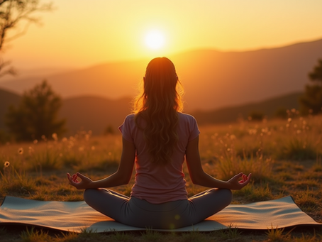 Person meditating on a mat at sunset in a grassy field. Orange sky, distant mountains, and a solitary tree create a peaceful scene.