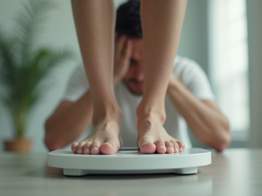 Close-up view of a person stepping on a scale with a frustrated posture