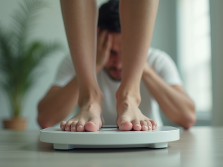 Close-up view of a person stepping on a scale with a frustrated posture