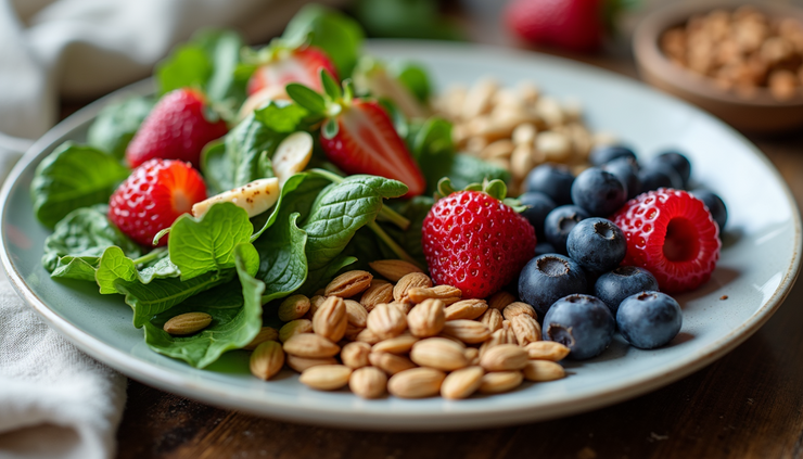 High angle view of a balanced plate with colorful anti-inflammatory foods