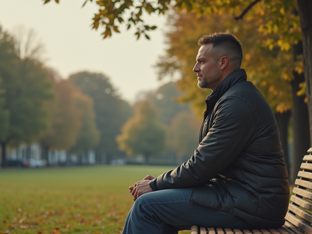 Eye-level view of a man sitting on a bench outdoors looking thoughtful