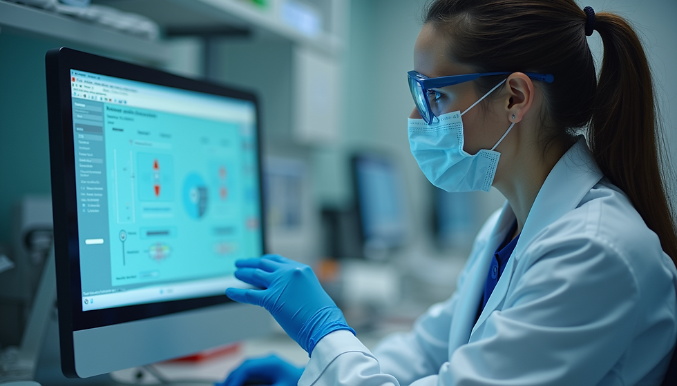 Close-up view of a laboratory technician analyzing blood test results on a computer screen