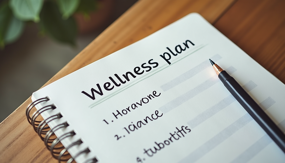 High angle view of a wellness plan notebook with notes on hormone balance and lifestyle changes