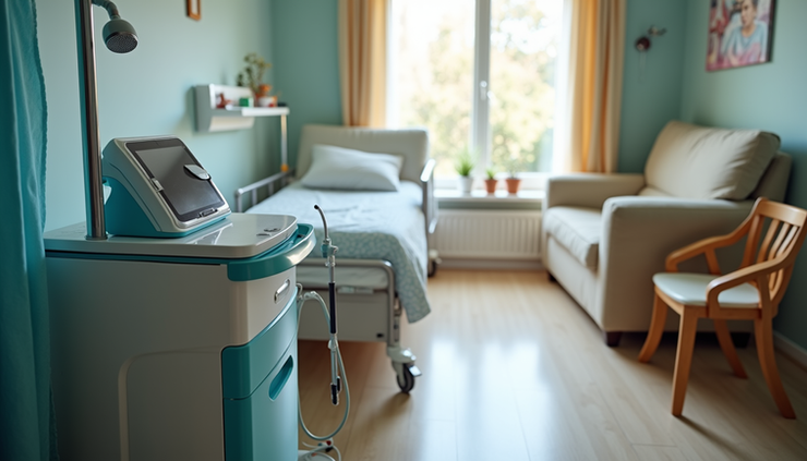 High angle view of a patient’s home with medical equipment set up for a visit