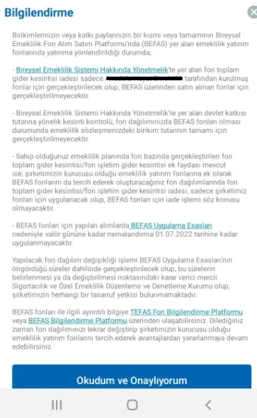 BEFAS'tan fon seçimi yapmak isteyen katılımcılara bir bilgilendirme mesajı geliyor.