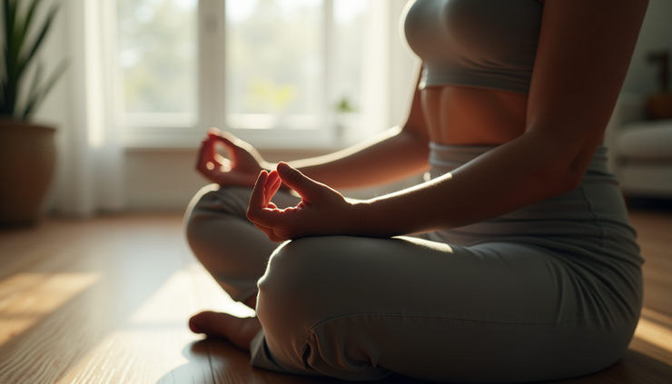Yakın çekim, sakin bir odada rahatlamış bir kişinin meditasyon yapması