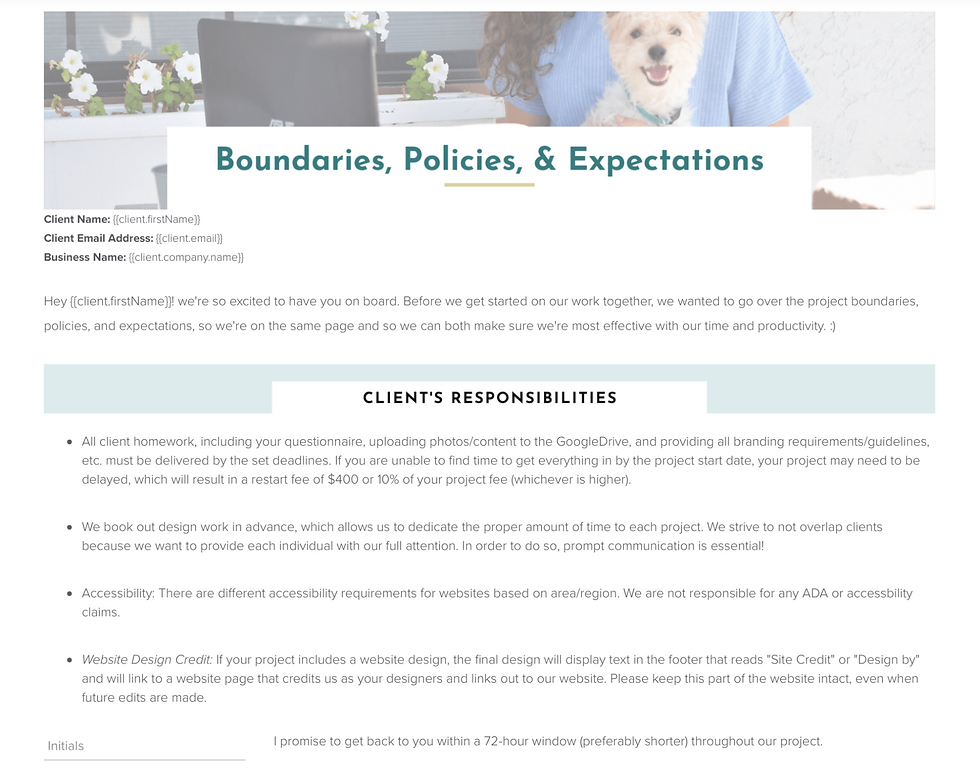 Boundaries, policies, and expectations example for a pet business.