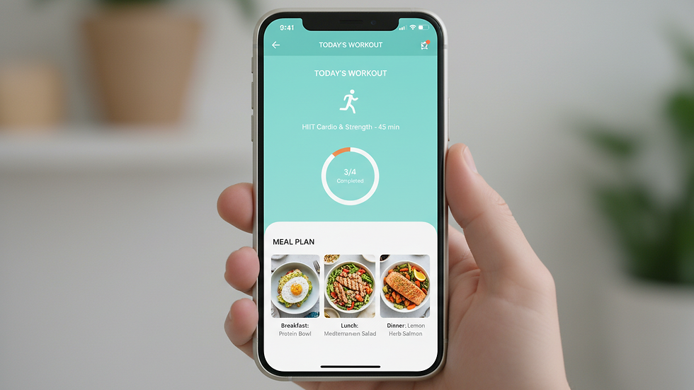 Close-up view of a smartphone displaying a fitness app with workout and meal plan