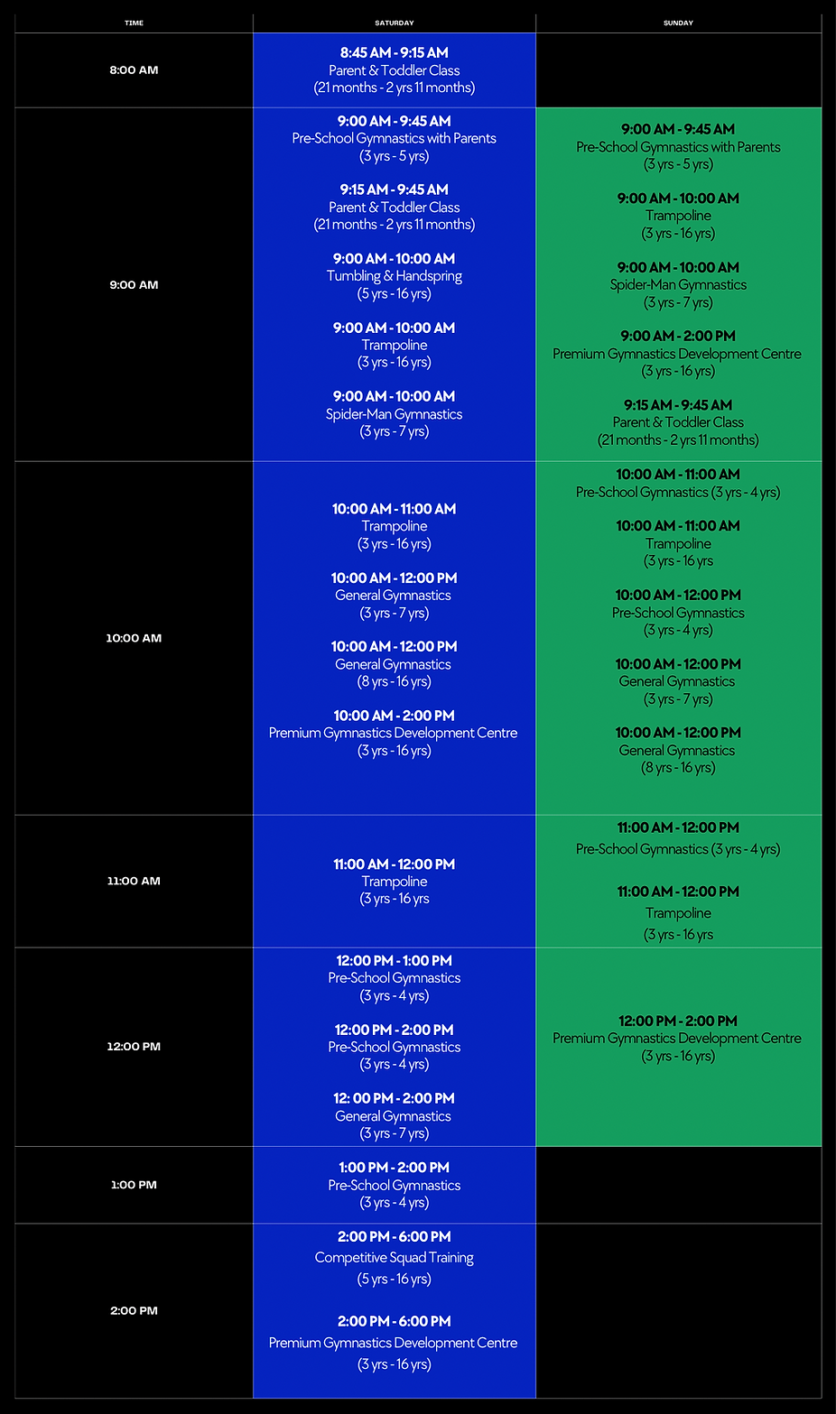 Wandsworth Gymnastics Timetable