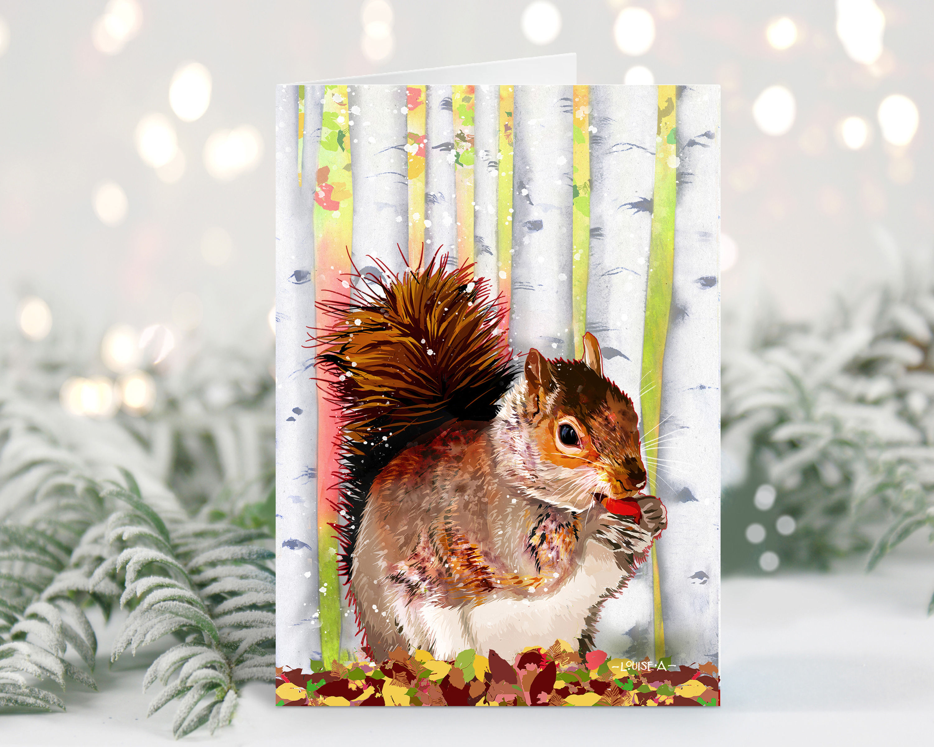 Winter Woodland squirrel fine art greetings card