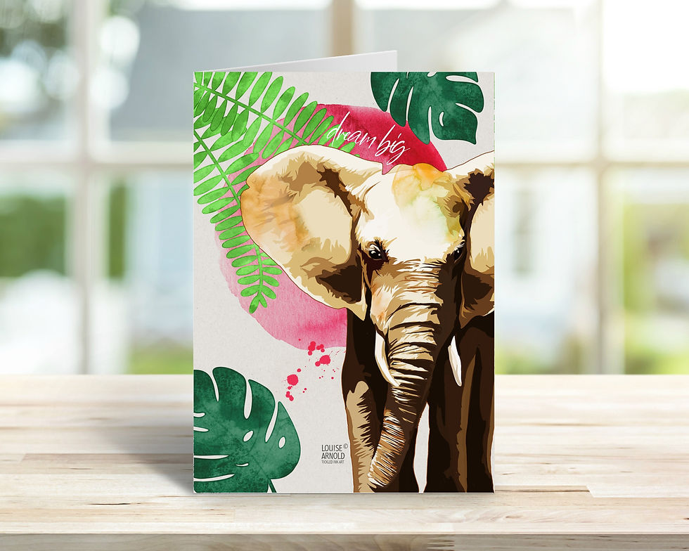 Thumbnail: Elephant and botanical wildlife fine art greetings card A5