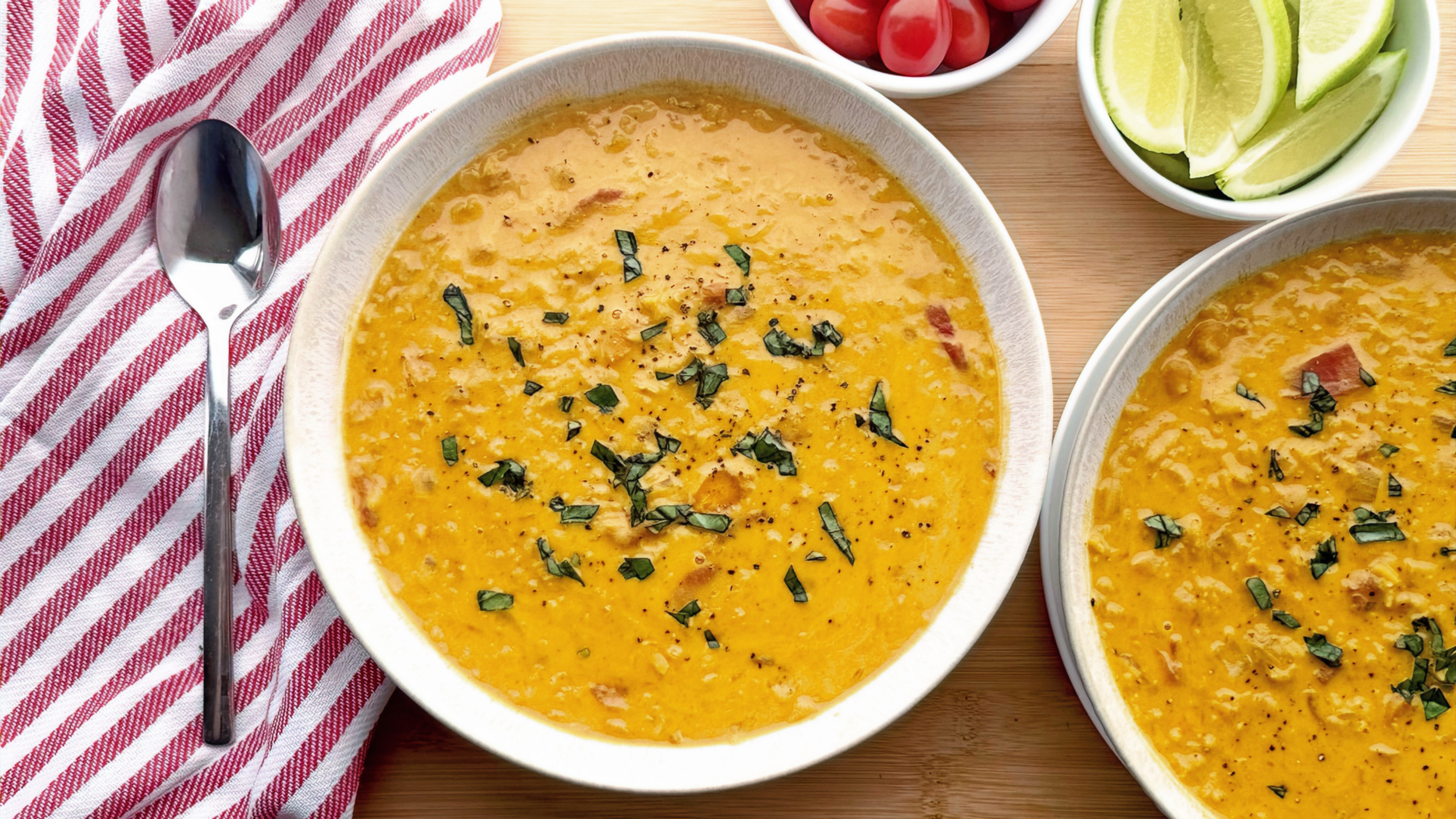 A bowl of One-Pot Dairy-Free Curry Red Lentil Soup with fresh herbs on top, next to a bowl of tomatoes and a bowl of limes