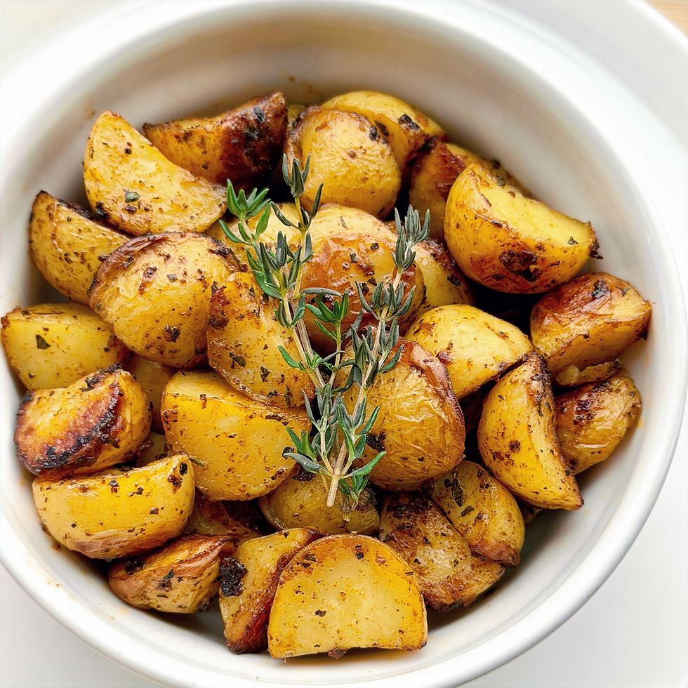 A bowl of golden potatoes, with herbs, garlic and olive oil