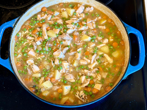 finished gluten free dairy free chicken pot pie base cooling the stove