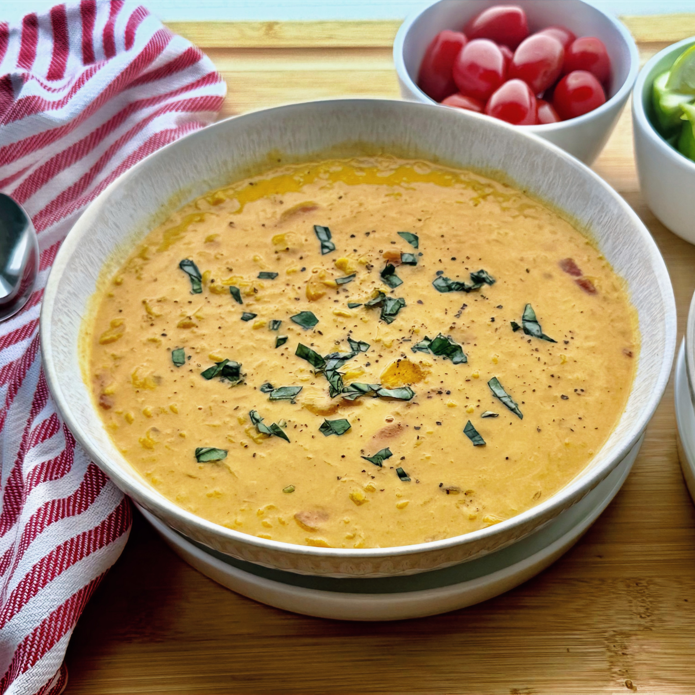 A bowl of One-Pot Dairy-Free Curry Red Lentil Soup with fresh herbs on top, next to a bowl of tomatoes and a bowl of limes