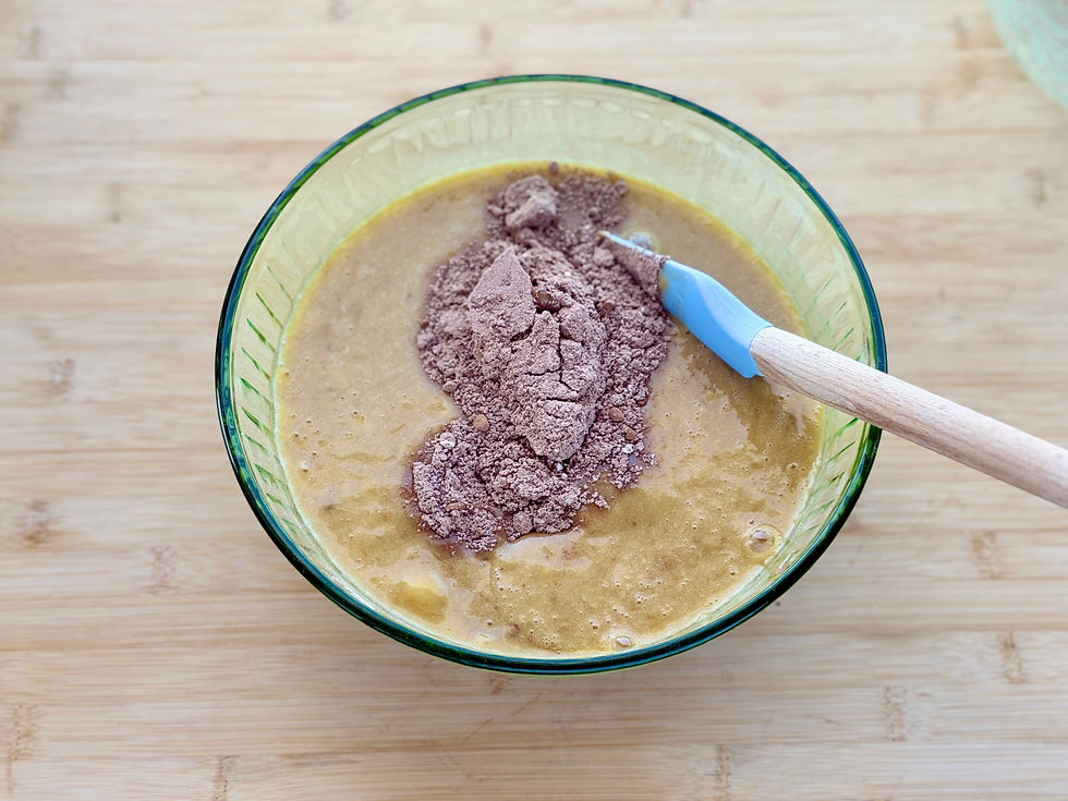 Dry ingredients mixing with wet ingredient to make batter for Gluten-Free Double Chocolate Banana Bread