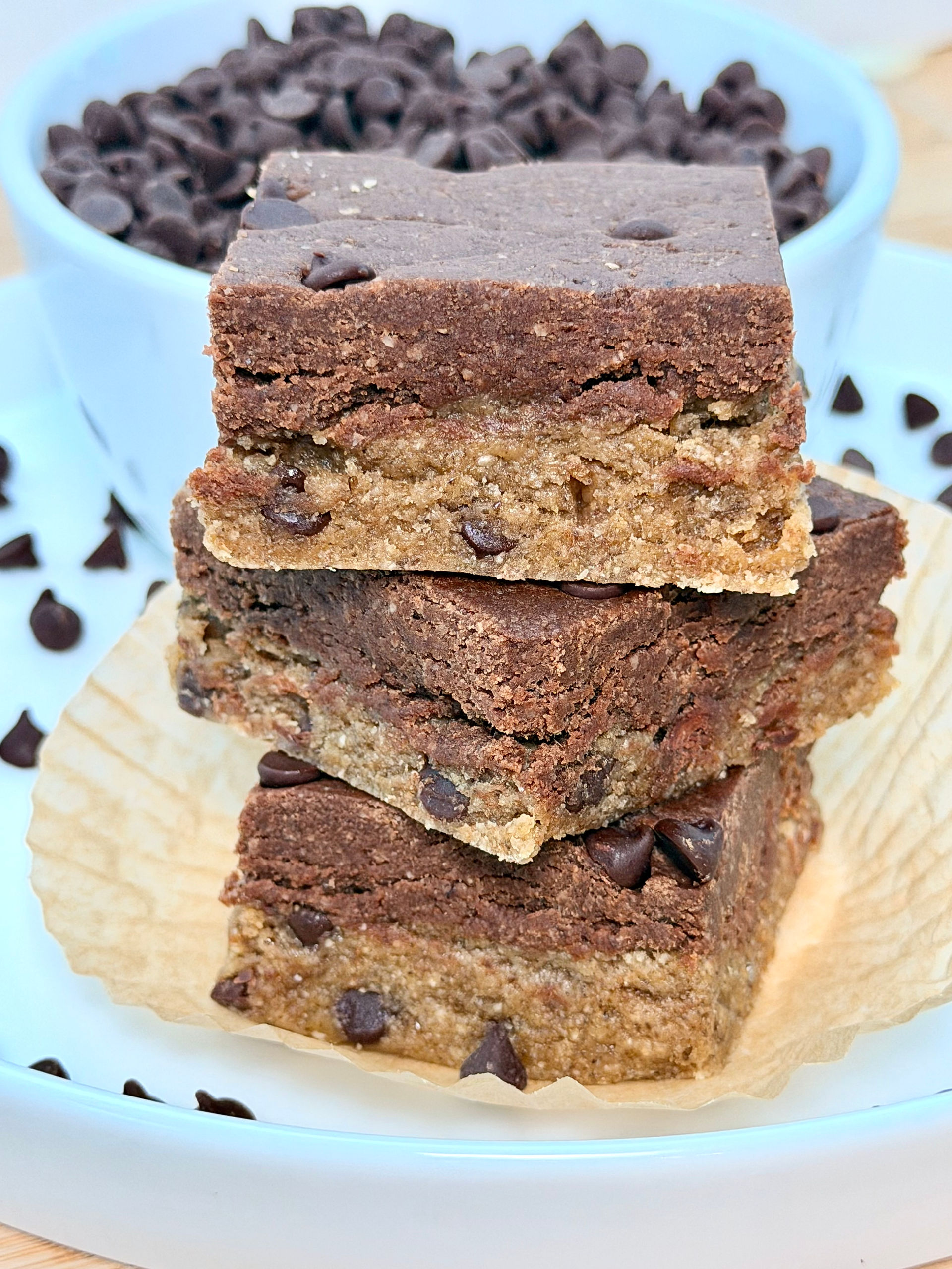 the Chocolate Peanut butter Protein Bar Stacked on top of each other