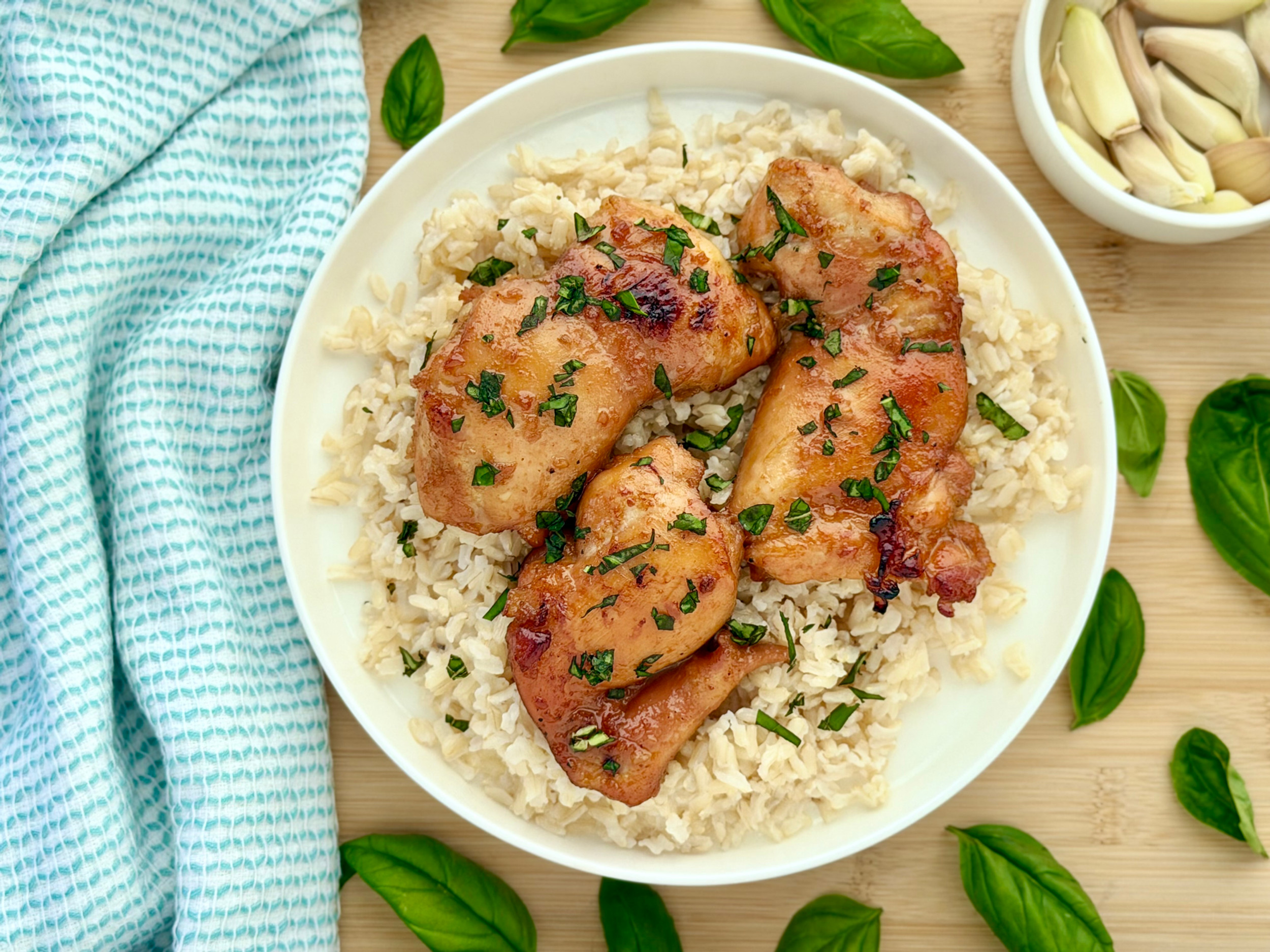 Oven-Baked Honey Garlic Chicken Thighs with Coconut Brown Rice