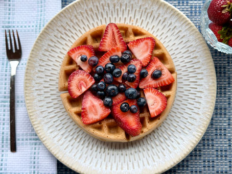 grain free waffle with strawberries and blueberries