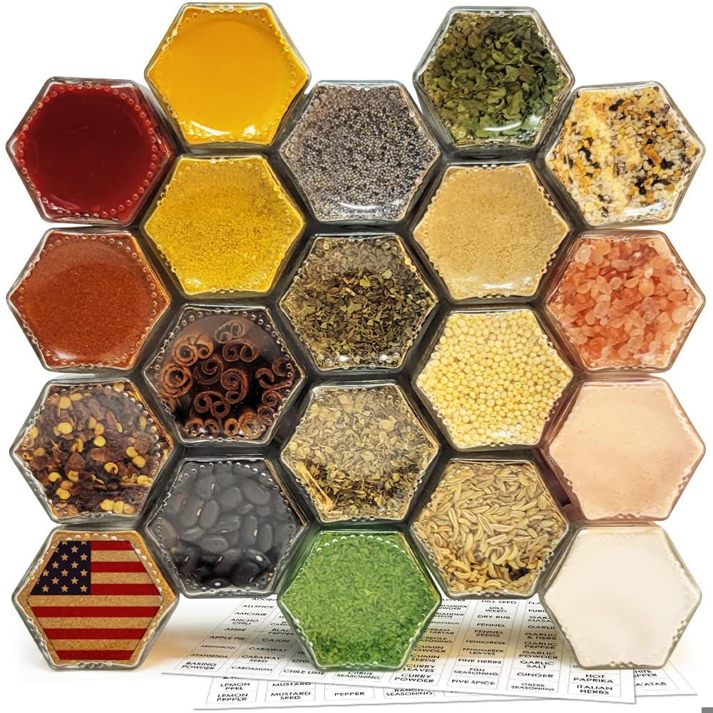 20 Set Magnetic Spice Jars for Refrigerator Hexagon Glass Spice Jars with Magnet