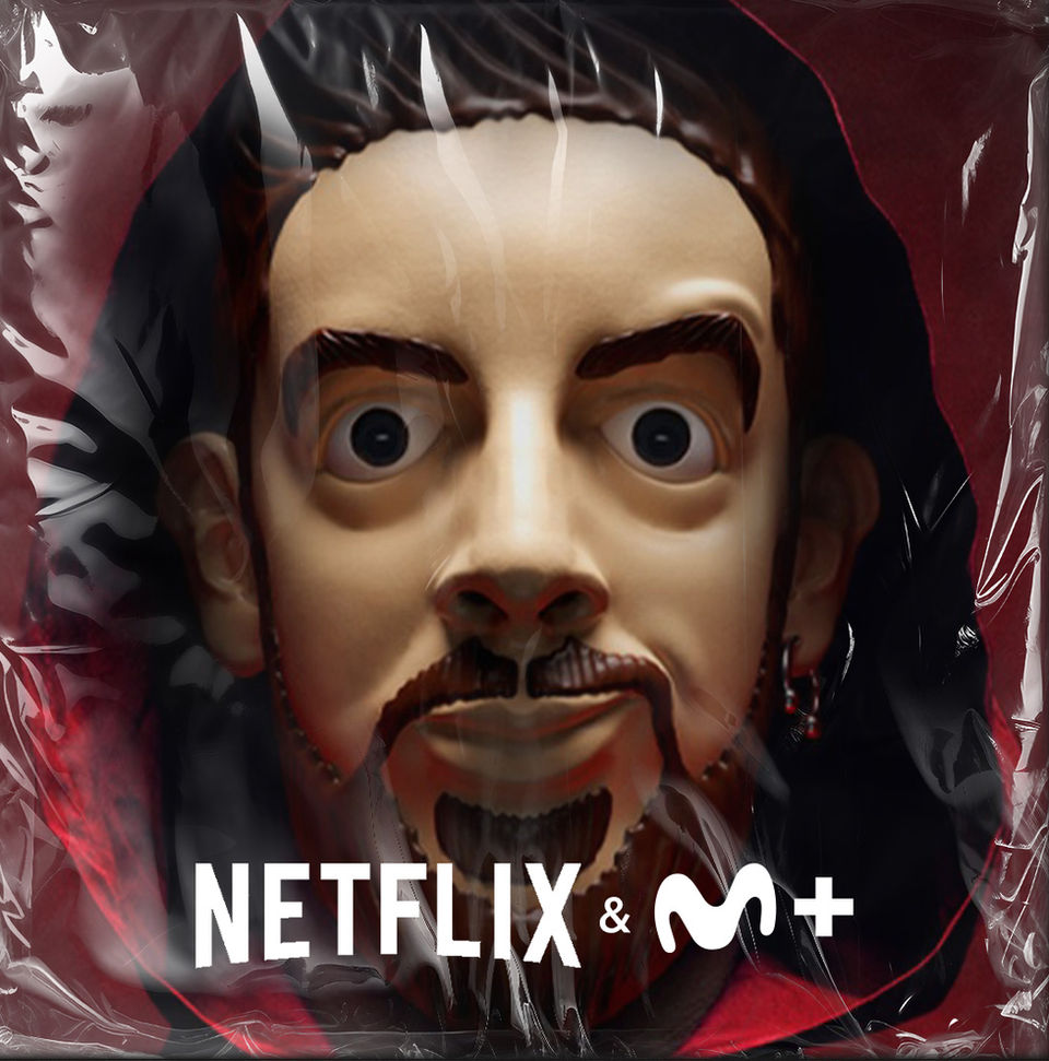 Máscara de David Broncano imitando la estética de la serie La Casa de Papel