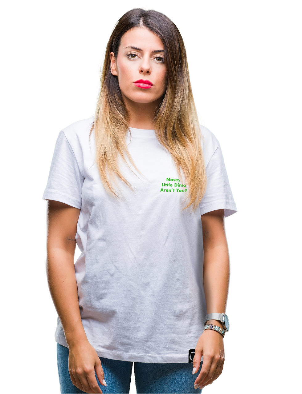 Thumbnail: Unisex White 'Nosy Little Dinlo' Tshirt