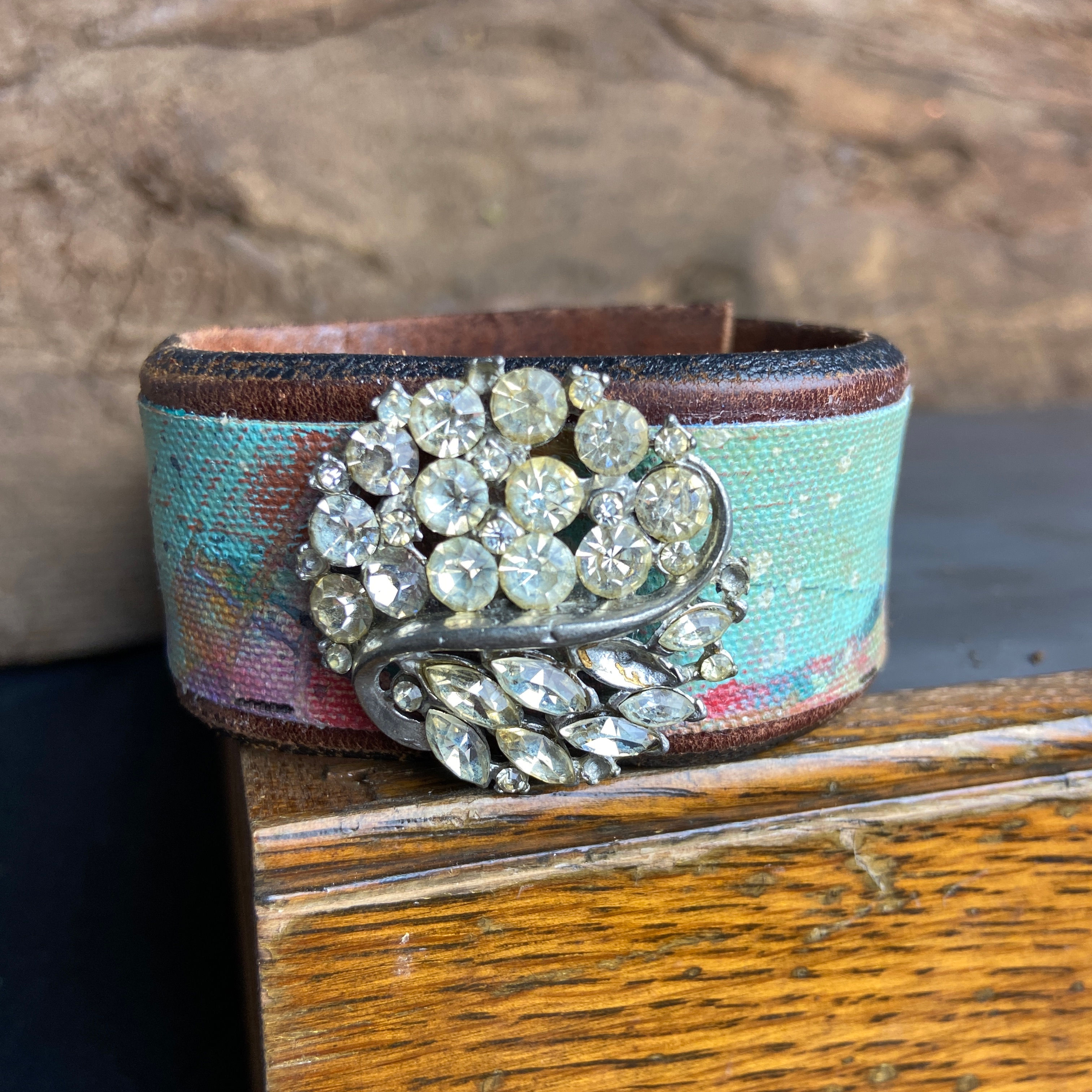 Painted Cuff with Rhinestone Vintage Broach
