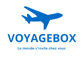 Logo Voyagebox, with a blue plane, and phrases: For your travel dreams voyagebox