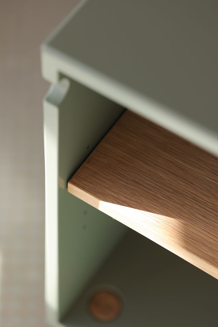 Deft Studios Roly Poly Bedside Table oak shelf.