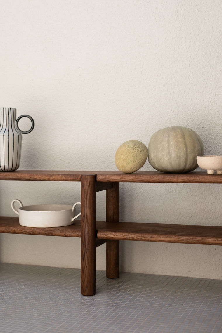 Deft Studios solid oak media shelf unit.