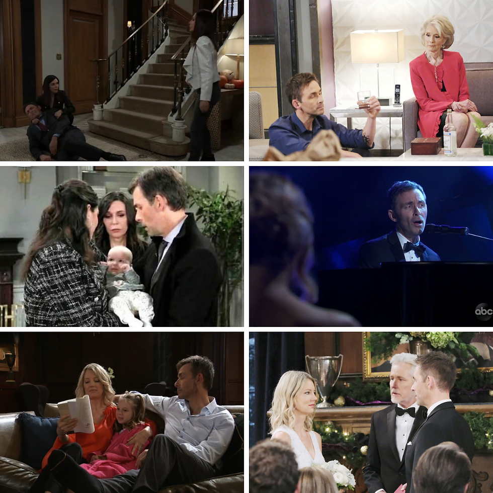 Six-panel photo collage of Valentin Cassadine from General Hospital. Top left: Alex Devane holding a knife to Valentin's throat as Anna Devane lowers her gun. Top right: Valentin sitting across from a hallucination of his mother, Helena Cassadine. Middle left: Valentin holding baby Bailey, the child he believes is his daughter with Brook Lynn Quartermaine. Middle right: Valentin singing on stage at the Nurses Ball. Bottom left: Nina Reeves reading with Charlotte Cassadine curled beside her as Valentin looks on. Bottom right: Nina and Valentin's wedding ceremony, with Martin Grey officiating.