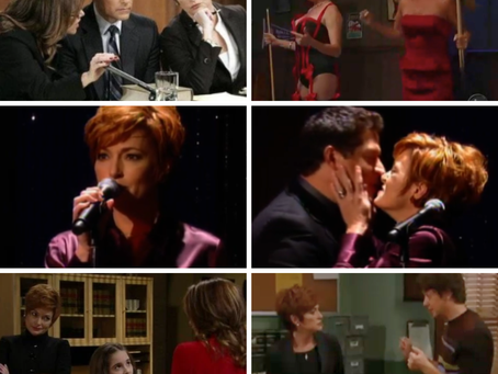 A collage of six scenes featuring Diane Miller from General Hospital. Top left: Diane sits at a conference table in courtroom with Sonny Corinthos and another attorney, looking focused and composed. Top right: Diane and Alexis Davis stand in a bar in their evening gowns holding pool cues during their infamous strip pool game. Middle left: Diane performs karaoke at Jake's Bar, singing Signed, Sealed, Delivered into a microphone. Middle right: Diane and Max Giambetti share a kiss, with Diane holding the microphone from her karaoke performance. Bottom left: Diane stands with arms crossed in her office alongside Alexis Davis and a young Molly Lansing. Bottom right: Diane faces Damian Spinelli in what appears to be his office, mid-conversation.