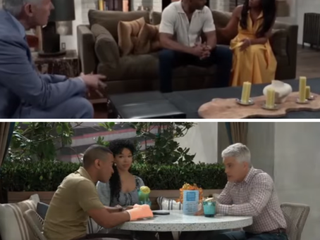 Split-screen General Hospital scene: top panel shows Martin talking with Curtis and Jordan in a living room; bottom panel shows Ric talking with Isaiah and Portia at an outdoor table.