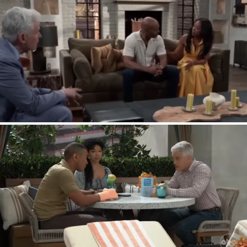 Split-screen General Hospital scene: top panel shows Martin talking with Curtis and Jordan in a living room; bottom panel shows Ric talking with Isaiah and Portia at an outdoor table.
