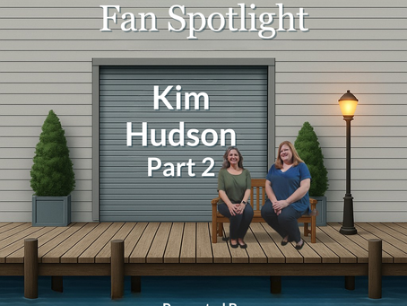 Graphic titled “General Hospital Fan Spotlight: Kim Hudson, Part 2.” Podcast hosts Shannon Koch and Amanda Kimmell sit on a wooden bench on a pier in front of a boathouse-style backdrop with water below. Text reads “Presented by Pier 54 – A General Hospital Fan Podcast” and “We’ll meet you at the pier.”