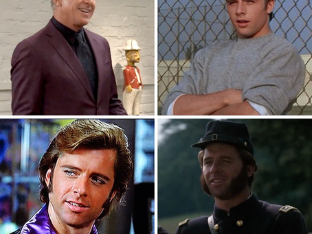 A four-panel collage of Maxwell Caulfield across his career. Top left: Maxwell Caulfield as Apollo on General Hospital, wearing a burgundy suit in a gallery setting. Top right: Maxwell Caulfield as Michael Carrington in Grease 2, a young man in a grey sweatshirt leaning against a chain-link fence. Bottom left: Maxwell Caulfield as Rex Manning in Empire Records, wearing a purple satin shirt with dark wavy hair. Bottom right: Maxwell Caulfield in Gettysburg, in a Union officer's uniform with a beard.